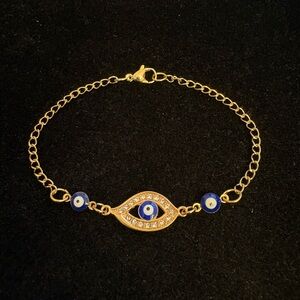 Gold-Tone Rhinestone Evil Eye Chain Bracelet with Blue evil eye charms